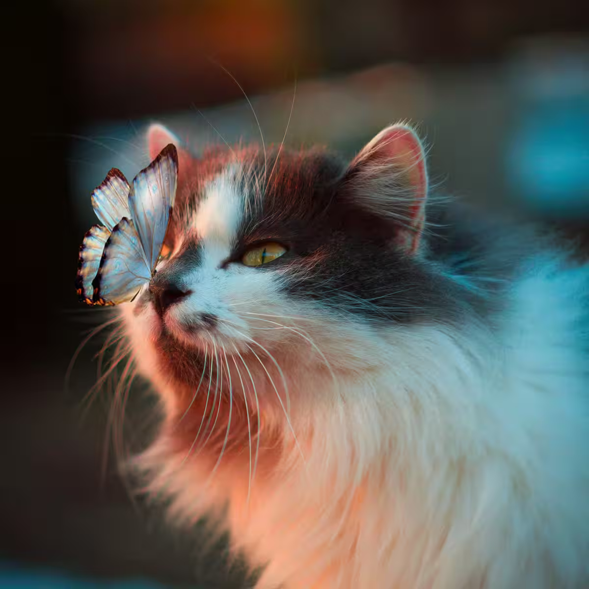A cat with a butterfly atop its' nose